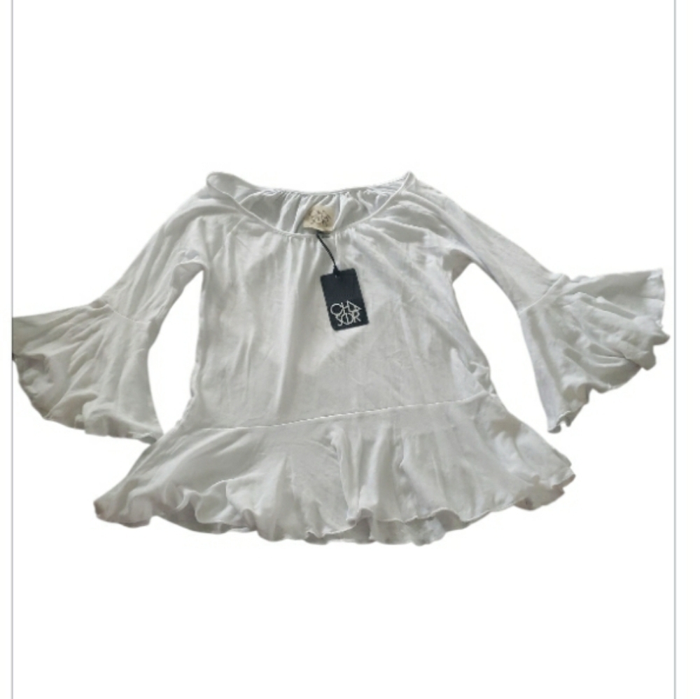 Chaser White Ruffled Peplum Bell-Sleeve Blouse